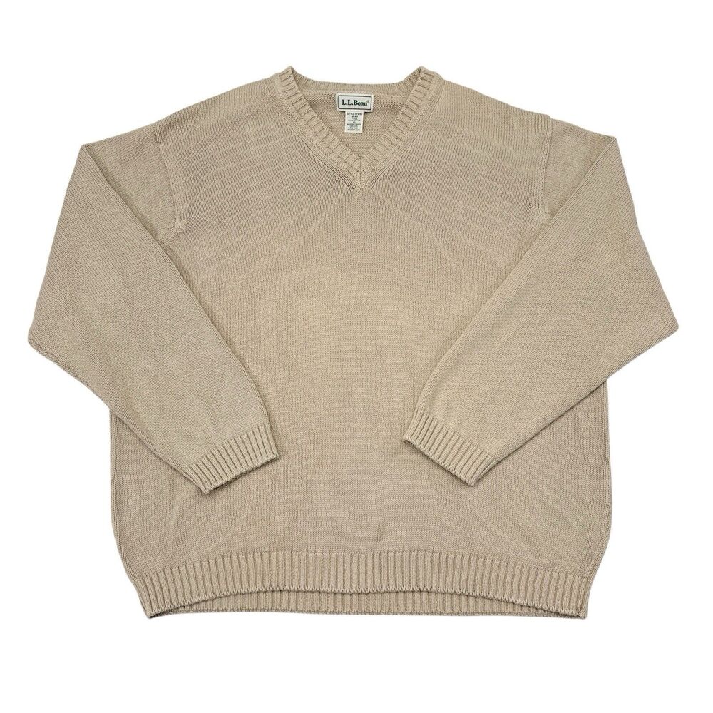 Vintage LL Bean‎ Sweater Mens Size XL Tall Tan V Neck Pullover Knit Casual